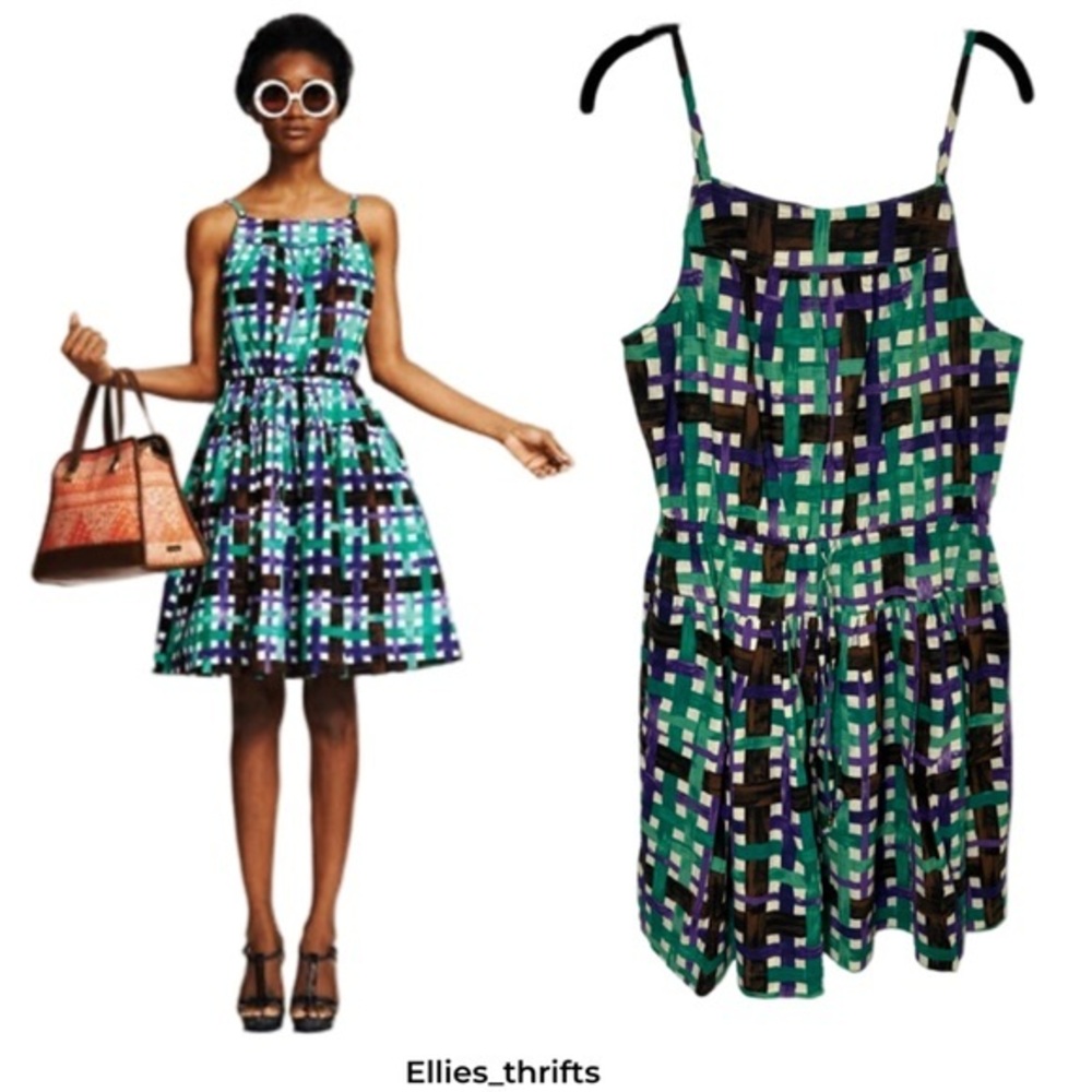 Duro Olowu for JCP Watercolor Plaid  Brown Green Purple Cream Short / Mini Dress